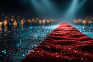 Glittering red carpet leads to a dazzling event in a festive atmosphere with soft lights and sparkling decor photo