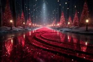 Winter holiday pathway lined with glowing red trees and sparkling lights in a snowy forest at night photo
