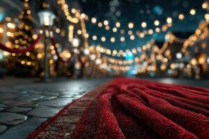 Red carpet leads to festive lights in a vibrant evening street celebration filled with warmth and charm photo