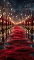 Elegant red carpet lined with gold ropes sparkles under a starry night sky at a glamorous event photo