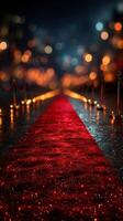 Elegant red carpet set for a glamorous event in a city illuminated by soft lights at night photo