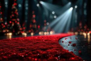 Festive carpet pathway illuminated by dramatic lights in a celebration venue during winter holiday season photo