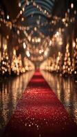 Elegant red carpet pathway illuminated by twinkling lights and festive decorations during the holiday season photo
