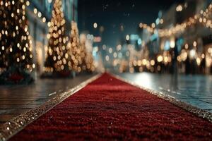 Christmas evening celebration with illuminated street decorations and a red carpet in a festive city square photo