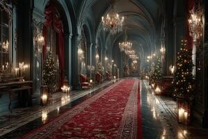 Elegant corridor decorated for a festive celebration with candles and Christmas trees in a grand, historic setting photo