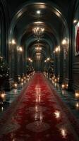 Elegant hallway adorned with chandeliers and festive decorations during nighttime photo