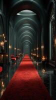 Elegant red carpet hallway with soft candle lighting and luxurious decor in a grand setting at night photo
