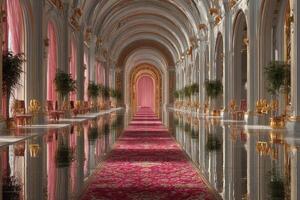 Luxurious palace hallway with ornate decorations and elegant pink accents at golden hour photo