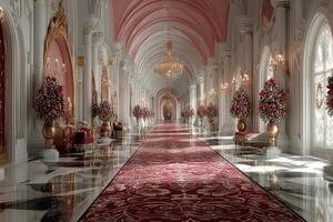 Luxurious palace hallway with elegant decor and vibrant floral arrangements in a grand setting photo