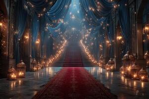 Enchanted staircase adorned with lanterns and draped curtains creates a magical atmosphere photo