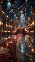 Elegant grand hall with sparkling chandeliers and a red carpet leading to a majestic staircase at night photo
