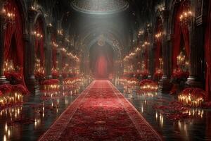 Elegantly designed grand hall featuring rich red decor and candles creating a romantic atmosphere during an evening event photo