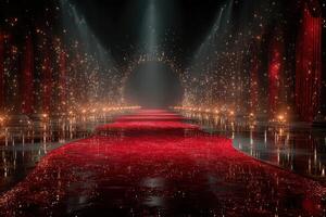 Glistening red carpet leads to a dazzling illuminated stage in an elegant event venue photo