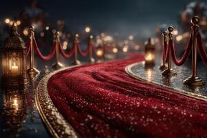 Elegant red carpet pathway lined with golden barriers and lanterns creates a magical ambiance at an evening celebration photo