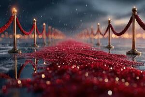 Elegant red carpet lined with gold stanchions leading to a glamorous event on a rainy night photo