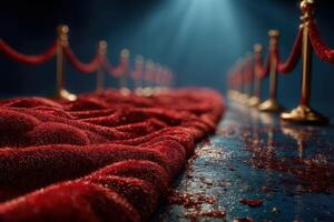 Red carpet leading to an illuminated stage in a dimly lit venue during an evening event or celebration photo