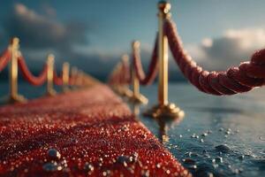 Elegant red carpet lined with golden barriers leads toward a scenic water view at sunset photo