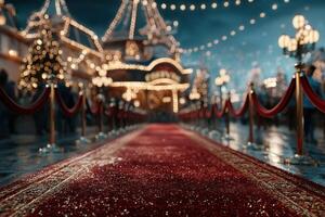 Elegant red carpet leading to festive entrance decorated with lights during a winter evening celebration photo