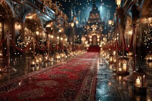 Elegant evening gala with glowing lanterns and red carpet at a stunning venue adorned with festive decorations photo