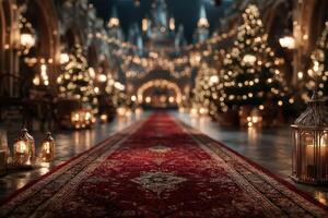 Festive indoor setting with illuminated decorations, Christmas trees, and lanterns in a warm and inviting ambiance photo