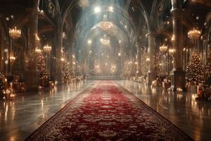 Grand hall adorned with festive decorations and warm lighting during a winter celebration photo
