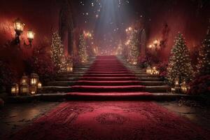 Elegant staircase adorned with festive decorations, creating a magical atmosphere for holiday celebrations at night photo