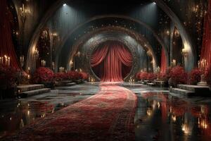 Richly decorated theater interior featuring red drapes, floral arrangements, candlelight, and intricate flooring in an elegant setting photo