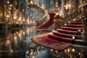 Elegant staircase adorned with festive decorations in a grand hall during a holiday celebration photo