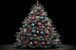 Beautifully decorated Christmas tree adorned with ornaments in teal, pink, and gold on a dark background during the holiday season photo