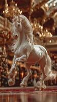 Majestic white horse performing in a grand hall decorated for a festive occasion photo