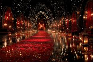 Elegant red carpet walkway illuminated by lanterns and fairy lights for a grand celebration at night photo