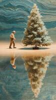 Man drags artificial tree near reflective water under blue textured background at artistic exhibition photo