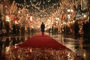 Elegant festive walkway adorned with lights and a red carpet during a winter celebration at night photo