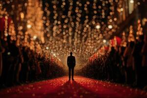 Elegant evening event with lights and a figure against a backdrop of glowing decorations and a red carpet photo
