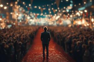 Crowd gathers for an important event featuring a suited individual on a red carpet under colorful lights photo