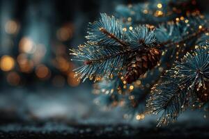 Pine branches with pine cones illuminated by sparkling lights in a winter forest photo