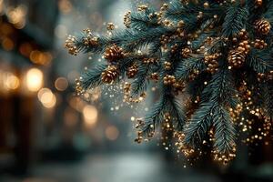Evergreen branch decorated with golden pine cones and shimmering lights in a festive urban setting photo