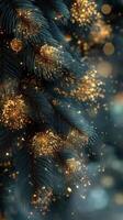 Elegant illuminated pine branches adorned with golden lights creating a festive atmosphere in a winter setting photo
