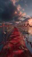 Serene walkway over water leads to a dramatic sky at sunset photo