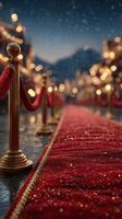Red carpet laid out for a glamorous event in a scenic area with twinkling lights and distant mountains photo