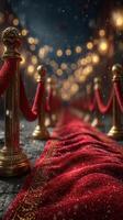 Elegant red carpet leading to a glamorous event under twinkling lights at night photo