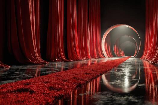 Elegant red carpet leading through dramatic curtains in a moody hallway with soft lighting photo
