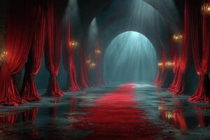 Elegant red drapery adorns a dimly lit corridor with a reflective floor and enchanting light beams in a mysterious setting photo