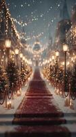 Elegant winter evening walkway adorned with twinkling lights and festive decorations in a snowy setting photo