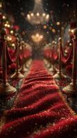 Luxurious red carpet entrance adorned with golden stanchions and festive decor during a holiday celebration photo