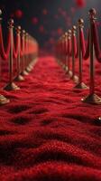 Red carpet lined with velvet ropes creates an elegant pathway at a glamorous event photo