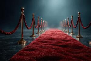 Red carpet pathway lined with golden posts and ropes at an evening gala event photo