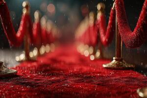 Elegant red carpet lined with velvet ropes during a glamorous event under soft lighting and light rain in a grand venue photo