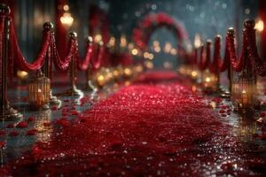Red carpet gala event with elegant decorations and soft lighting at night photo