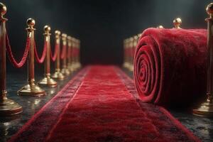 Elegant red carpet unrolling for a special event in a dimly lit venue with golden stanchions photo